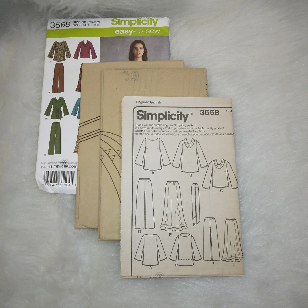 SIMPLICITY 3568 Sz 10-18 Easy-to-Sew Misses top 2 lengths pants skirt sash